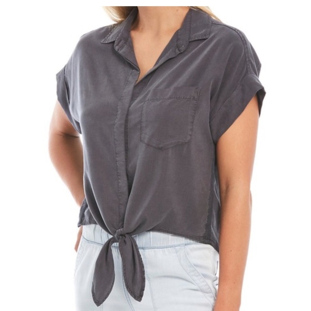 CLOTH & STONE Gray Tencel Button-Up Shirt TIE FRONT CAPSLEEVES Anthropologie XS